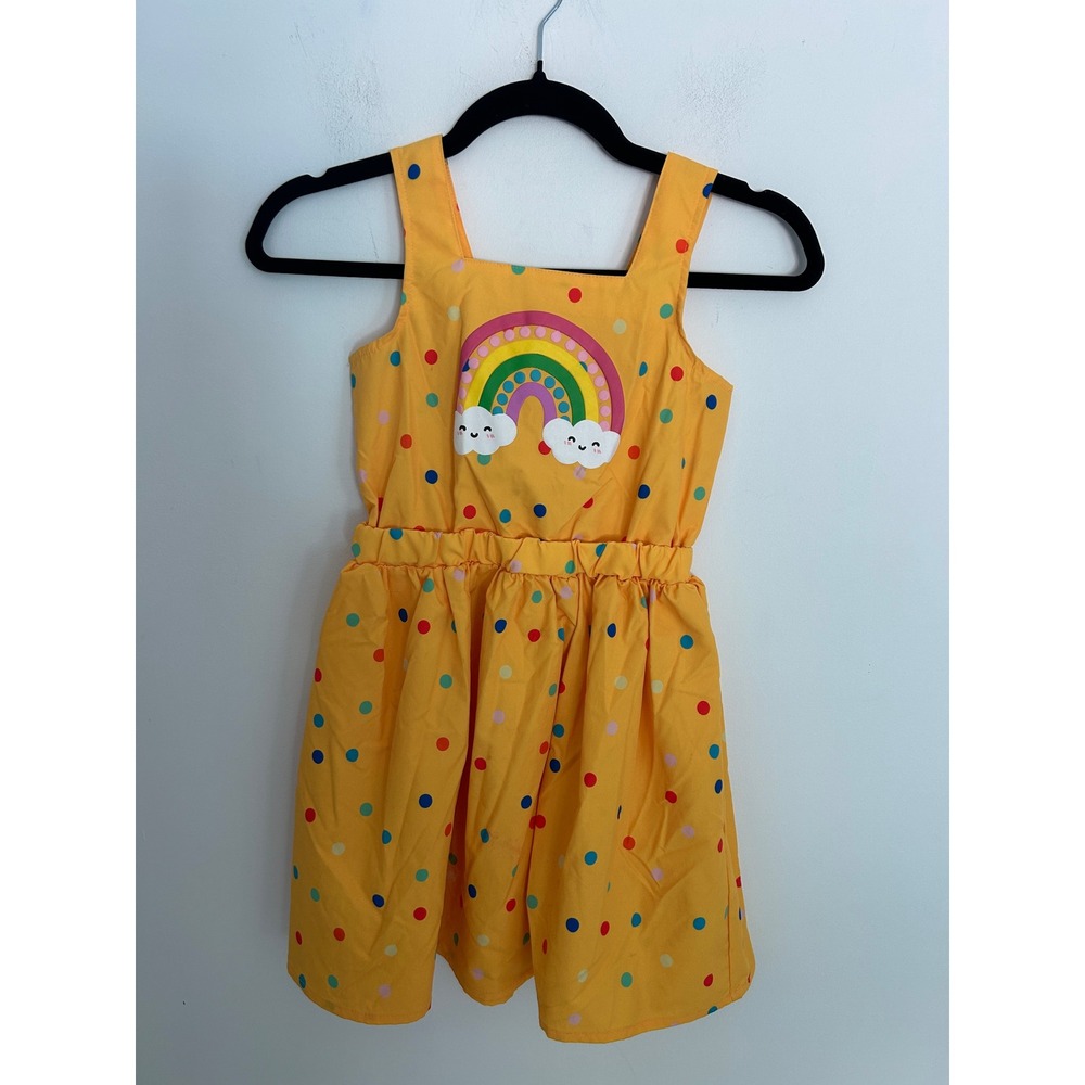 Kids Yellow Polka‎ Dot Rainbow Cloud Graphic Sleeveless Dress Size 7Y